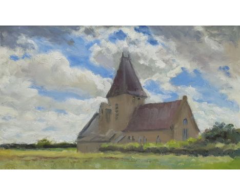 Neil Tyler (British 1945-): 'Hawsker Church', oil on board signed and titled, landscape sketch verso 29cm x 47cm