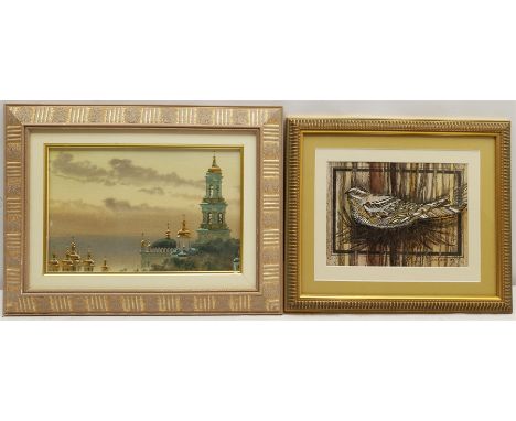 Russian School (20th century): Church Rooftops, watercolour unsigned; J K Moir (20th century): Bird in Nest, watercolour and 