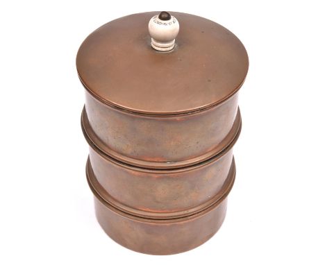 A 3 section cylindrical copper grader, possibly for gunpowder, height 6½", diameter 4½", with large and small filters and cer