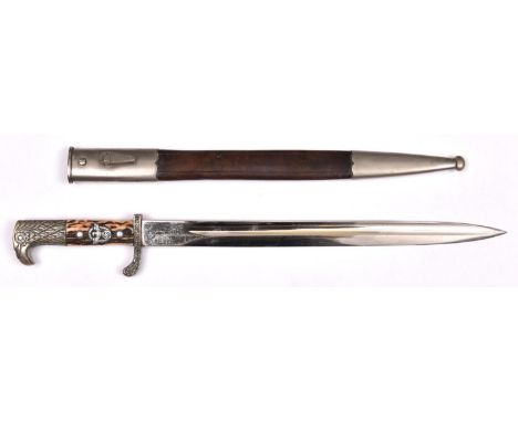 A Third Reich Police dress sidearm, plated blade 13" with pre 1935 Eickhorn mark, plated hilt with eagle head pommel, staghor