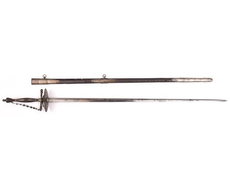 A courtsword, plain diamond section blade 28", all steel hilt with facetted studs and chain guard, in its steel mounted scabb