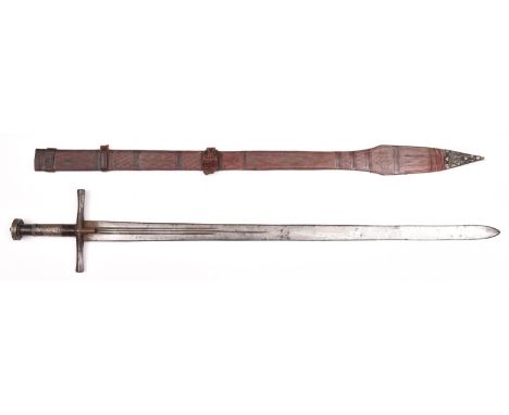 A Sudanese sword, Kaskara, DE blade 34" with three narrow fullers; cruciform hilt, the grip and pommel covered with embossed 