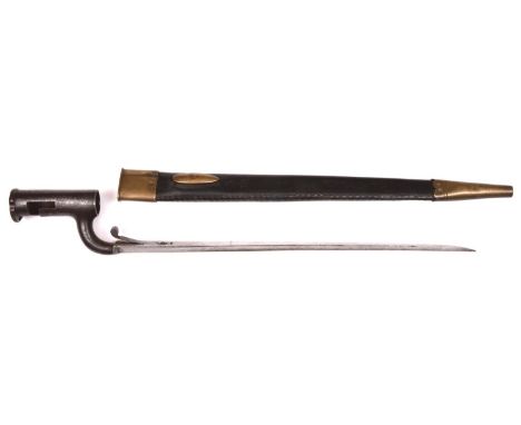 An 1840 pattern Constabulary bayonet, triangular section blade 13" with spring catch, in its brass mounted leather scabbard, 