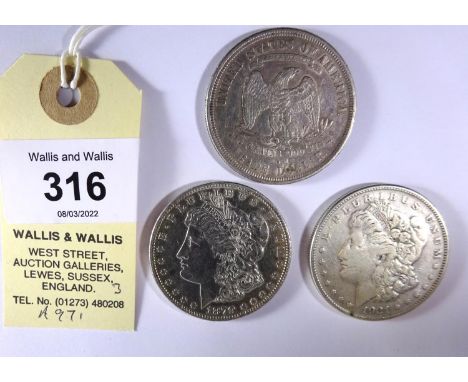 USA: AR trade dollar 1877, San Francisco mint, obverse bearing small "chop" mark over "Dol" of dollar. NVF; Morgan dollars (2