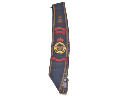 A scarce RAF Drum Major's sash, Geo VI cypher, "Linton on Ouse Band", and RAF crest applied in bullion and cloth. GC (some we