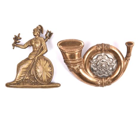 A large bugle pugaree badge of the KOYLI, with lugs; and a pre 1900 Sergeant's brass pugaree badge of the Norfolk Regiment (s