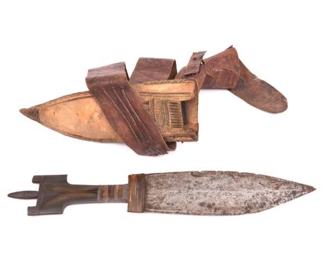 An African dagger, broad DE blade 8½", steel mounted horn hilt, in its leather sheath with belt. GC (belt AF).  £30-50 