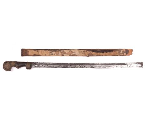 A West African short sword, SE blade 19" brass wire covered wooden hilt, in its skin covered scabbard. GC (hair on scabbard w