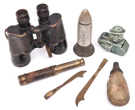 A pair of German binoculars, a 1918 shell head money box; a small Victorian 3 draw telescope; a horn powder flask and 3 other