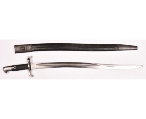 A P1856/58 Volunteer Enfield sword bayonet, totally unmarked, in its leather scabbard, GC, the bayonet clean, the scabbard mo