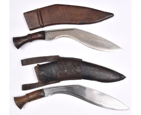 A military kukri, the blade stamped "HW45", with rivetted wood grips, in its leather covered sheath, stamped "CO1945" and "C 