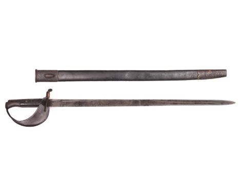 A P1871 Volunteer cutlass bayonet for the Martini Henry rifle, flat unmarked blade 25½", in its leather scabbard. GC, with da