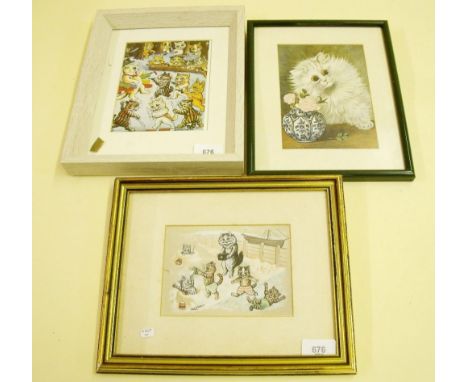 Three Louis Wain coloured prints - 10 x 15cm
