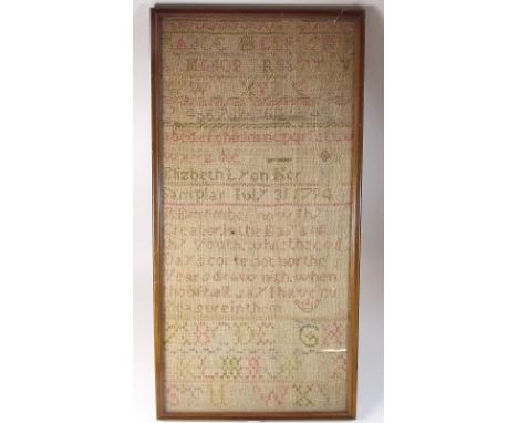 A framed sampler dated July 31st 1794 by Elizabeth Lyonker - 45 x 22cm