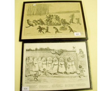 Two black and white Louis Wain prints 'Bringing Home the Yule Log' and 'The Crocodile' - 22 x 33cm