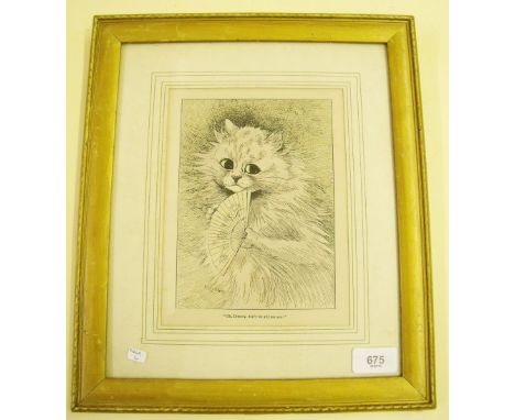 A 19th century Louis Wain coloured engraving of cat with a fan