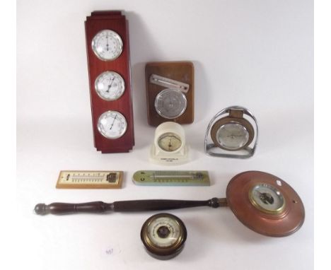 Four various vintage barometers, three thermometers and a thermometer, barometer, hygrometer