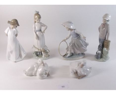 Six Nao porcelain figures including girls with hoops and ducks
