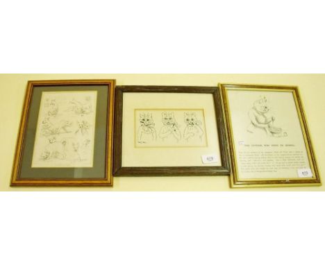 Three 19th century Louis Wain engraved prints 'The Kittens Who Went to School', 'A Cat and Dog Story', and three cats smoking