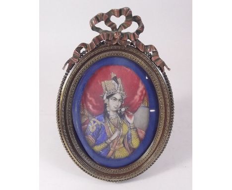 A late 19th century watercolour miniature on ivory Mughal style portrait of a princess in heavy gilt frame - 10 x 7cm