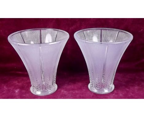A pair of Rene Lalique Epis glass vases moulded wheat pattern - produced 1931 onwards - marked R Lalique France - 17cm.  One 