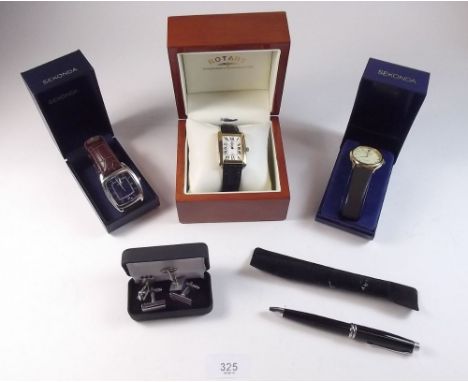 A Rotary quartz gents wrist watch and two Sekonda watches - all boxed, plus cufflinks and a Rotary pen
