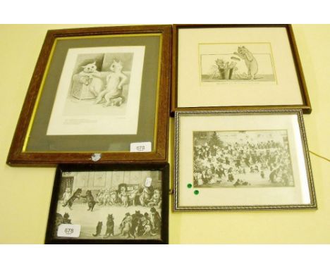 Four various Louis Wain black and white prints