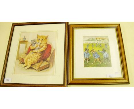 A Louis Wain print of mother and baby - 23 x 20cm, and one of kittens playing croquet - 16 x 12cm
