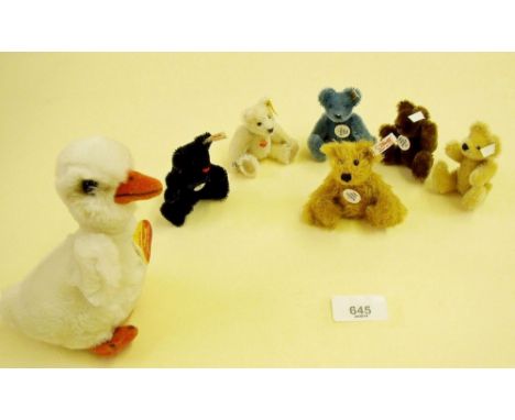 Five miniature Steiff teddy year bears plus Steiff Frederic duck