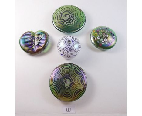 A group of five iridescent Art glass paperweights by K Heaton for Neo Art Glass