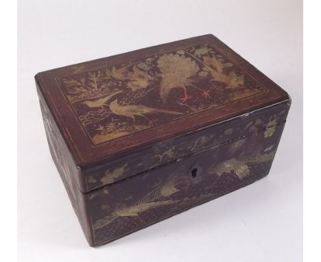 An early 20th century Chinese lacquer tea caddy decorated exotic birds with pewter inner liner, 16cm wide