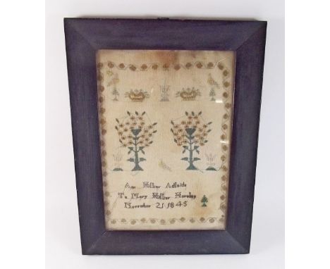 A Victorian sampler with trees and birds, dated 1845 26 x 18cm