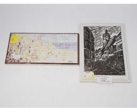Meissen plaque depicting modernist pattern, 20 x 10 cms approx, by R. Stulle 1977 and one depicting a town scene, 18 cms x 13