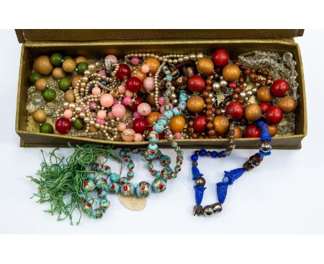 Chinese 1920's bead necklace and other necklaces within vintage chocolate box (Q)