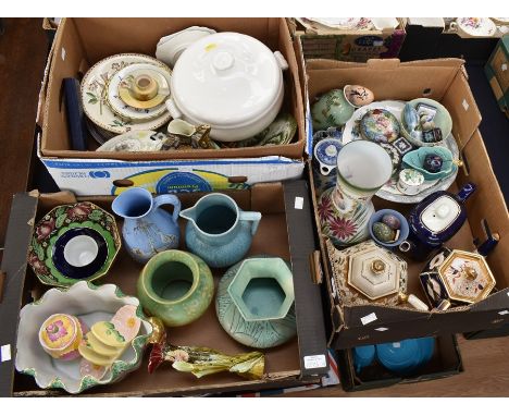 A collection of earthenware and china including Victorian blue flamingo vase dated 1857; Art Deco drip ware jugs and vases; t