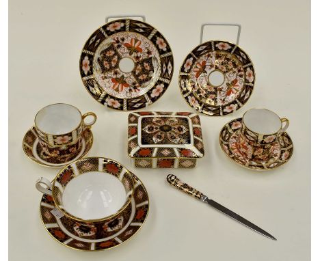 Royal Crown Derby 2451 pattern coffee cup and saucer, paper knife, coffee trio first quality, plus Royal Crown Derby Imari 11