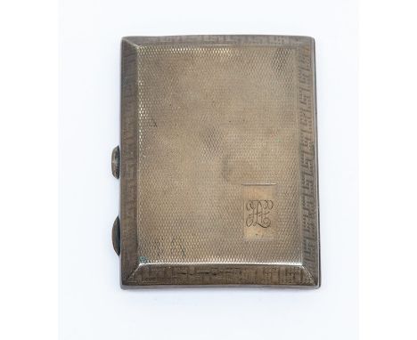 A George V silver cigarette case, engine turned with Greek key border, Birmingham 1928, approx 3ozt