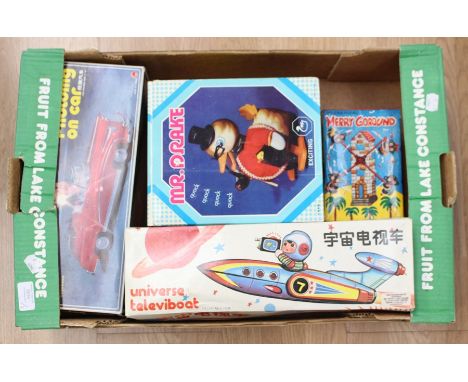 Tinplate; collection of boxed tinplate toys including Universe Televiboat, photoing on car, mechanical merry go round, etc (2