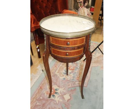 French style Mahogany marble top inlaid side table, with gilt metal decoration, surround and feet. Cabriole legs, with sabre 