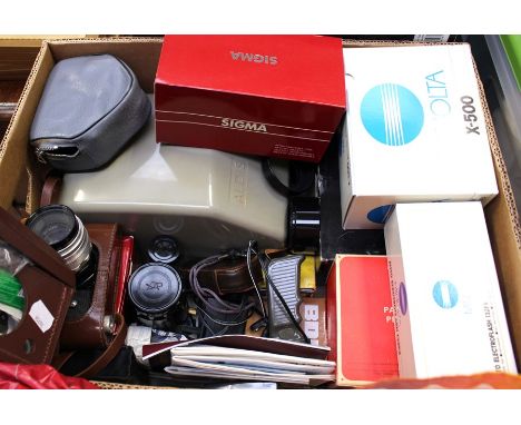 A collection of various cameras and accessories to include: a Bolex Paillard B8 cine camera; Zenit 3M camera body complete wi