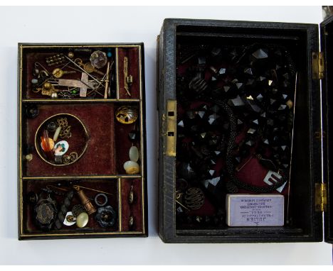 Whitby Jet, French Jet, hat pins, pins, watch keys etc all in a vintage leather jewel box