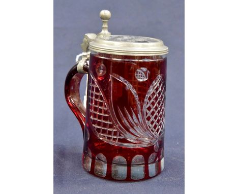 **AWAY** German ruby glass 19th Century tankard, with inscription to lid, dated 1866