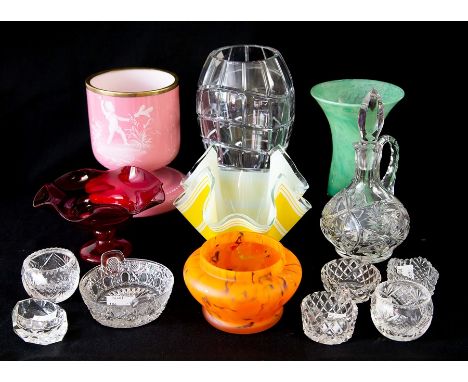 Various glass items including a green mottled vase, orange mottled bowl, yellow Chance handkerchief bowl with label, pink Mar