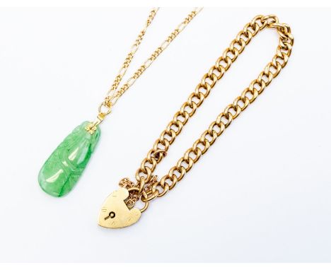 A 9ct gold curb link bracelet, padlock clasp, total weight approx 9.9 grams, along with a carved jade pendant, with 9ct gold 