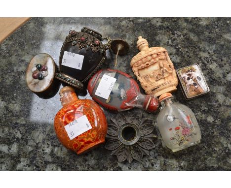 Group of snuff/scent bottles, trinket boxes and small candle stick, including Chinese glass and metal snuff bottles (8)