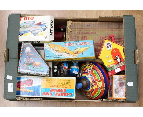 Tinplate; collection of 12 mostly boxed tinplate toys including Mettoy typewriter, Chad Valley spinning top, Japanese Aircraf