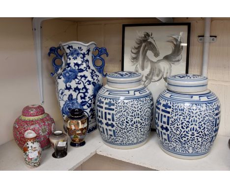 A collection of modern Chinese ginger jars, vase with a Japanese Satsuma vase plus other items
