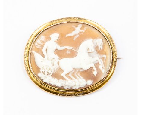 A 19th Century shell cameo brooch, depicting Greek goddess, oval with unmarked yellow metal surround, size approx 55mm x 45mm