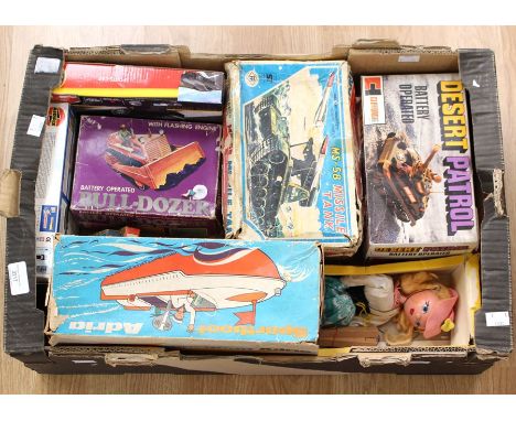 Tinplate; a collection of assorted vintage toys to include; Japanese tinplate missile tank; German Sportsboat; Desert Patrol 