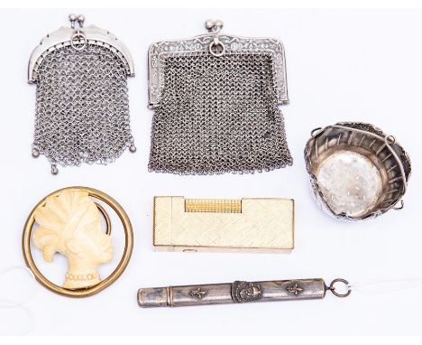 19th Century French ivory and brass scarf clip, a Dunhill lighter, two mesh purses and an etui